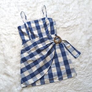 Altar'd State Linen Blend Plaid Faux Wrap Dress - Blue/White